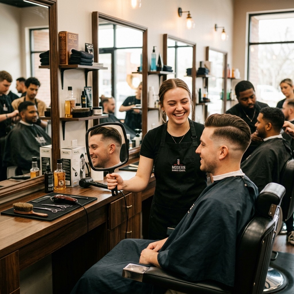 Happy student finishing a haircut